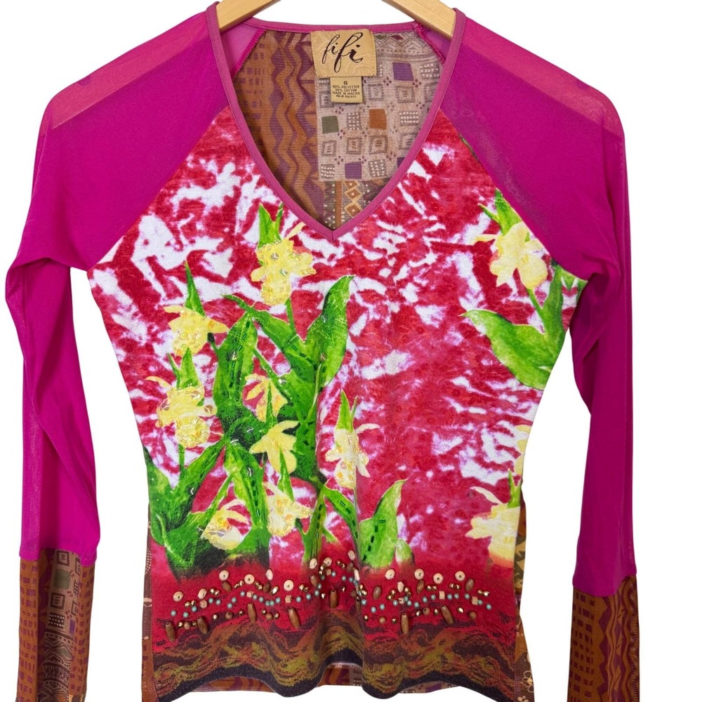 VTG Womens Small Y2K 90s Patchwork Floral Beaded Mesh Long Sleeve Top Pink Multi
